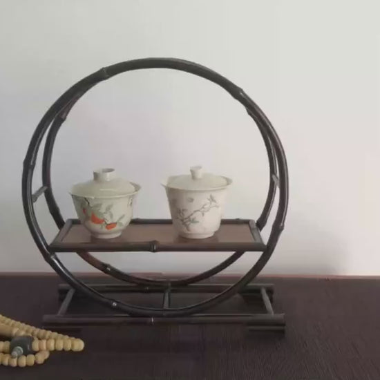 This is a purple bamboo shelf bamboo rack.this is a bamboo teaware storage shelf