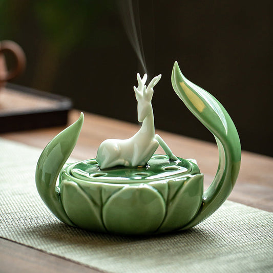 Chinese Ceramic Deer Incense Burner Zen Incnese Plug Incense Holder