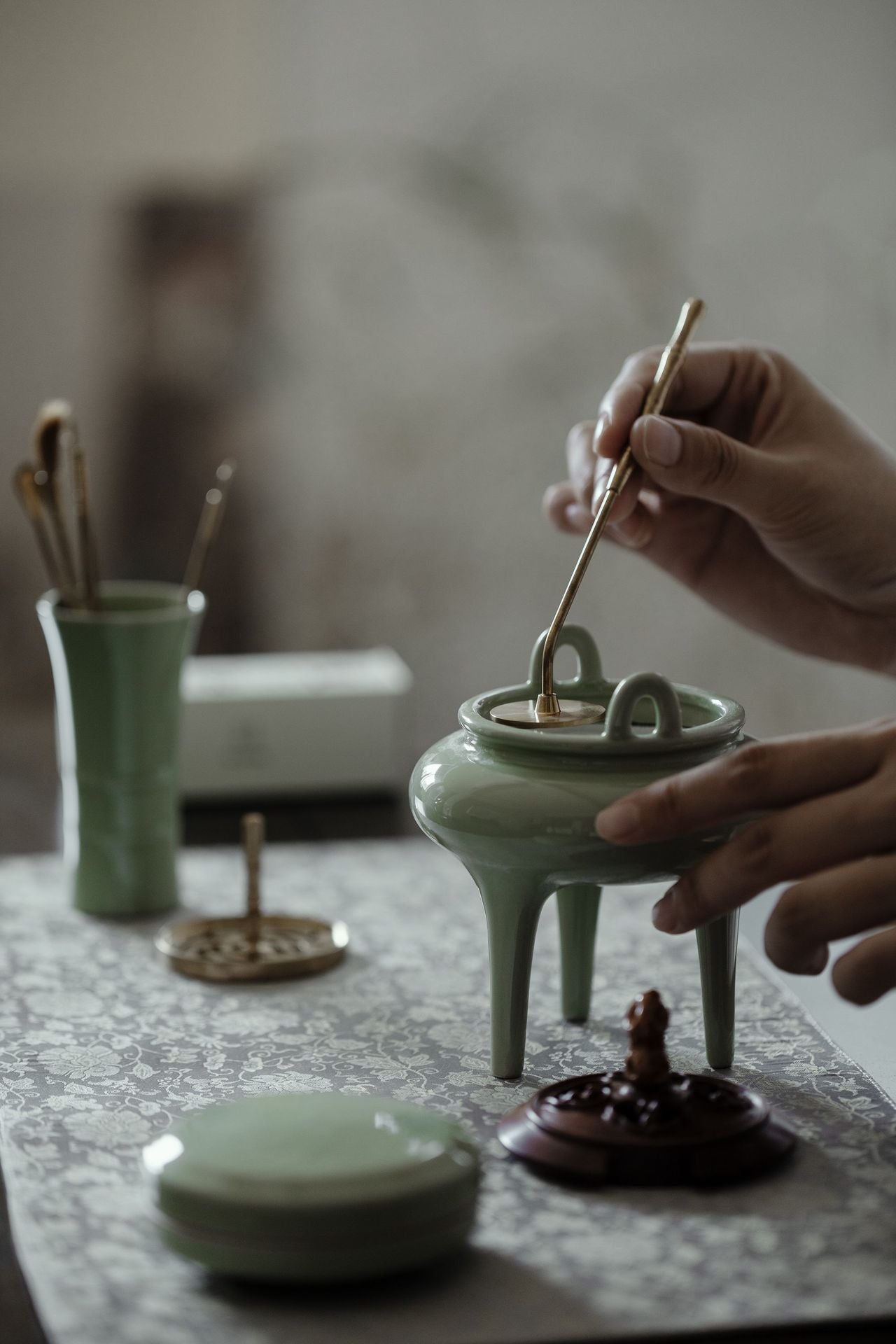 Handmade Porcelain Incense Burner with Copper Cover Home Indoor Song Dynasty Style