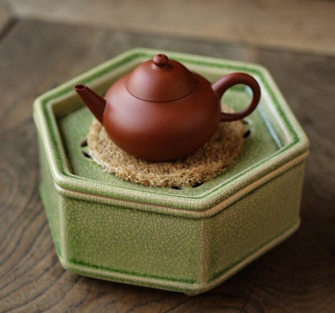 Zhangzhou Kiln Green-glazed Tea Boat Begonia  Teapot Holder Tea Tray Chinese Master Pottery Ceramic Japanese Ceramic Tea Ceremony