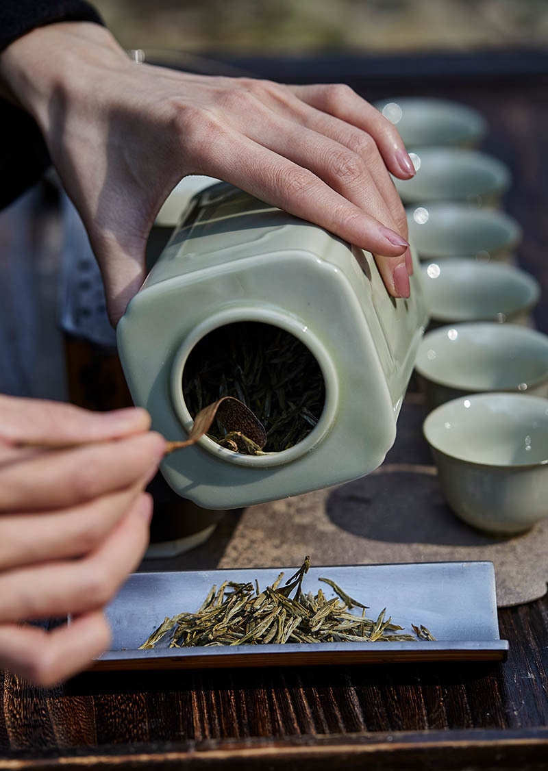 This is a tin bamboo tea scoop