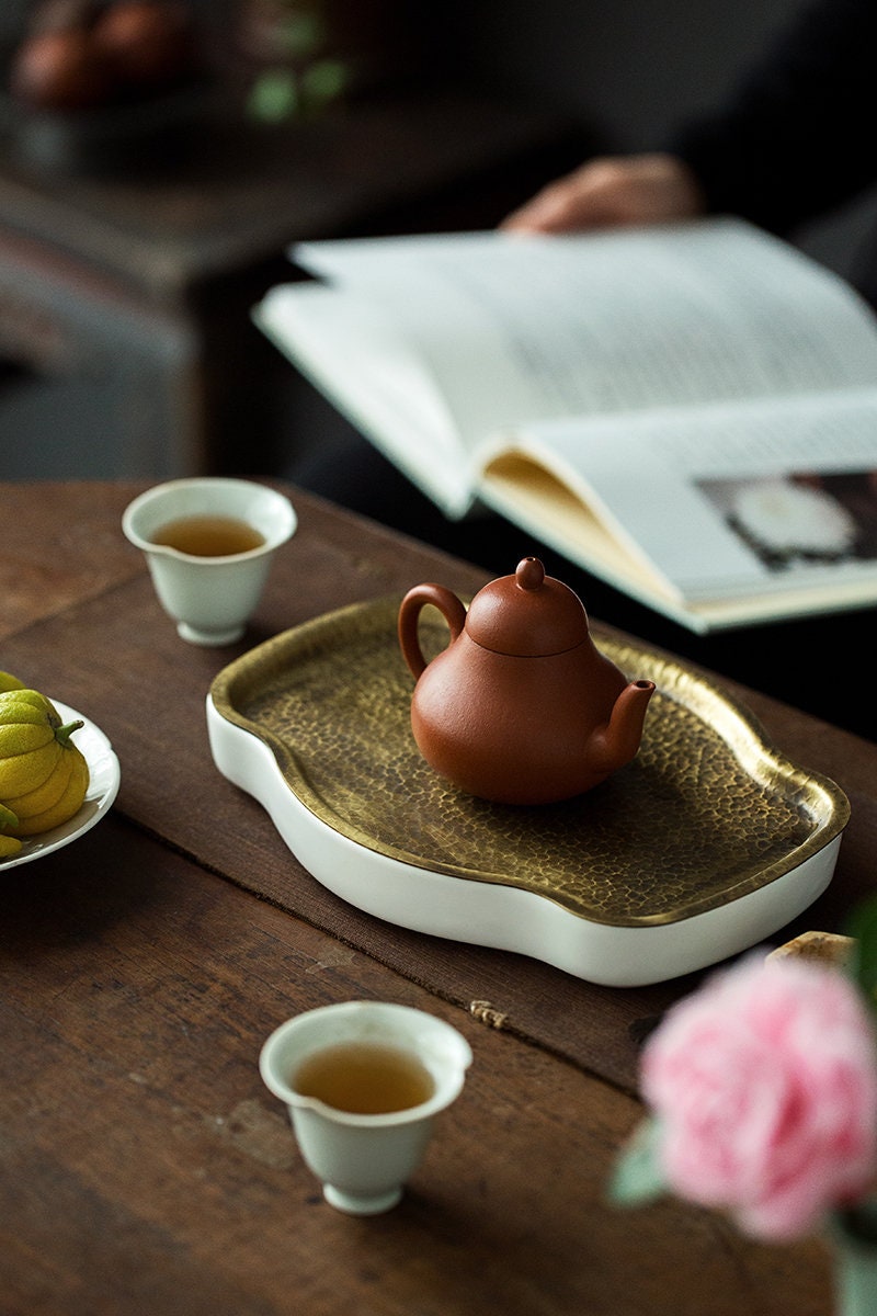 Tea Tray Brass Copper Handforging Ceramic Tea Boat Chaozhou Chinese Master Artwork Teapot Holder Tea Boat