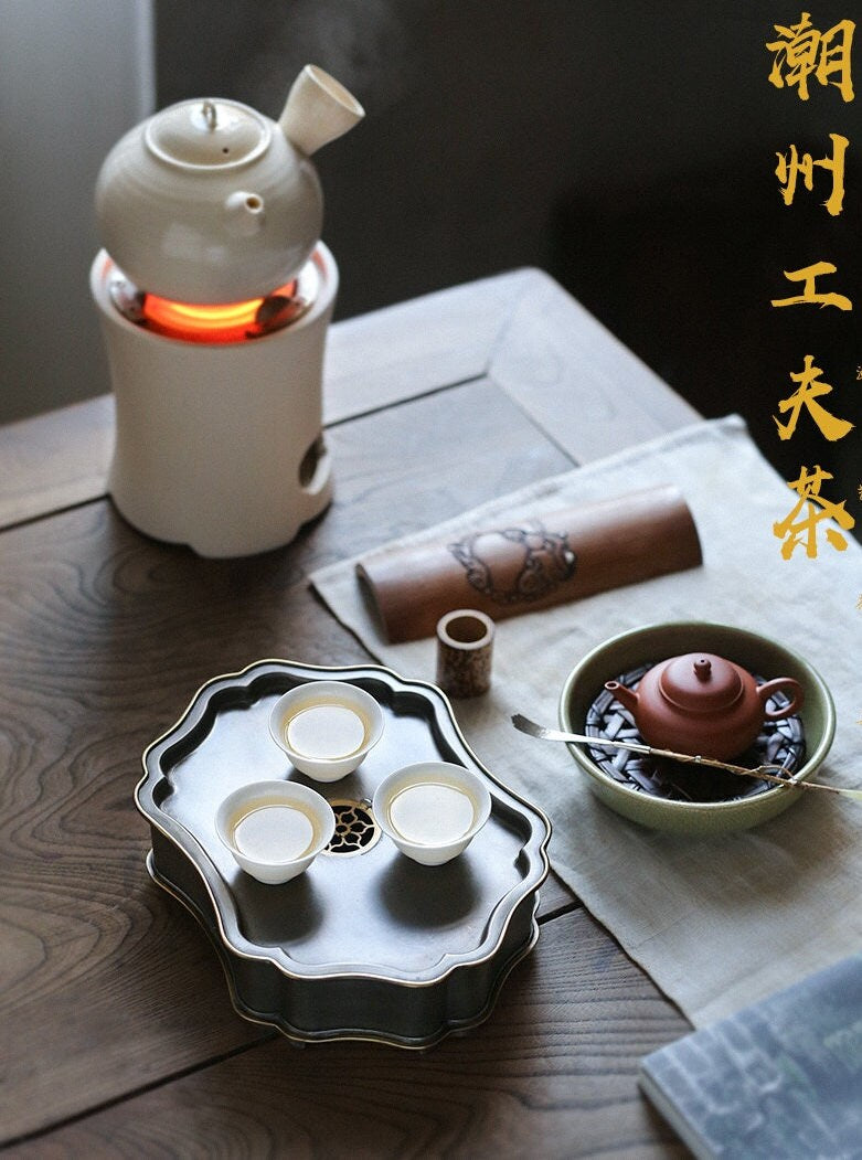 Tin Copper Tea Tray Handmade Forging Chaozhou Antique Style Classic Chinese Master Artwork Teapot Holder Tea Boat