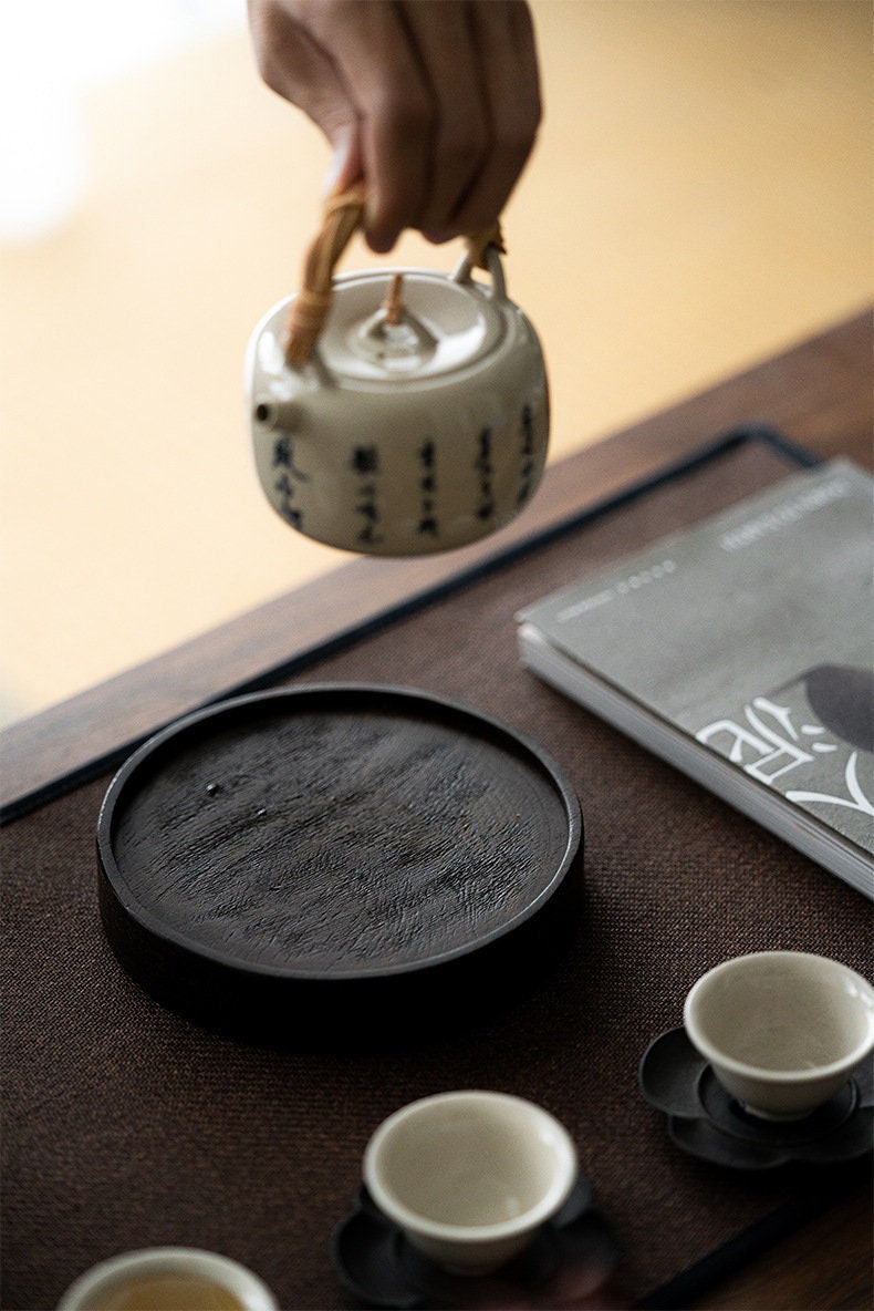 Wood Tea Tray Handcrafted Original Round Black Ebony Tea Boat Mini Tea Table