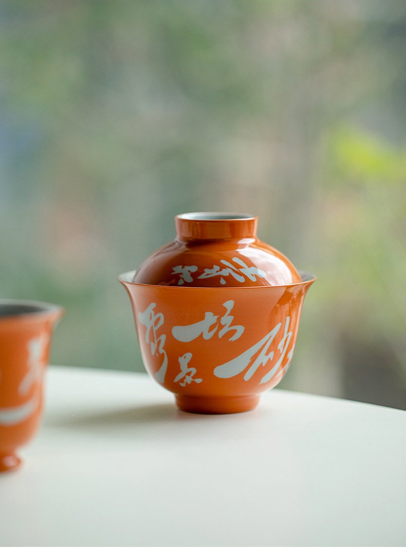 Chinese Orange Fine Pottery Handpainted Chinese Calligraphy Gaiwan Poem Pot Tea Maker Teapot Ceramic kung fu Tea Ceremony