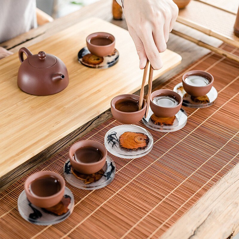 Japanese-style wooden tea coaster resin heat insulation pad simple cup holder  tea ceremony spare parts household thuja mat tea